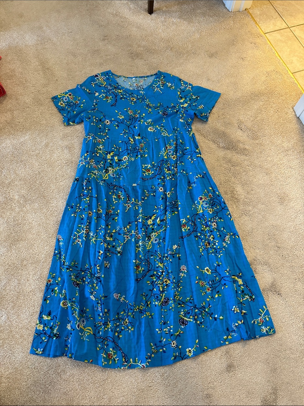 Blue Floral Short Sleeve A-Line Dress